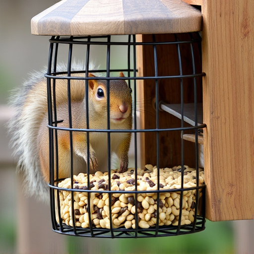 Caged feeder protecting seed from squirrel