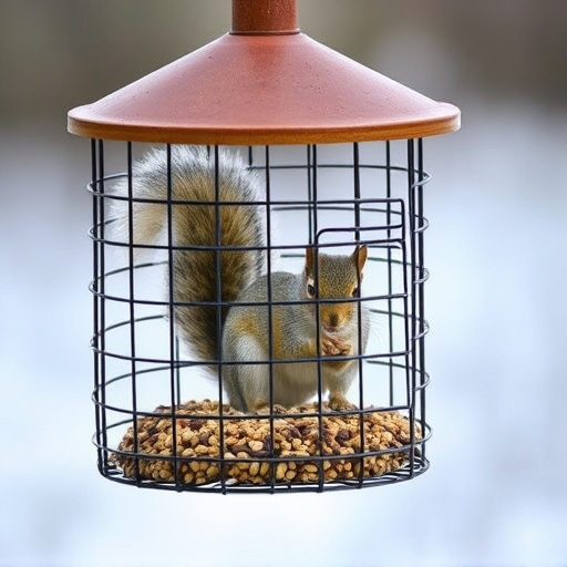 Caged feeder protecting seed from squirrel