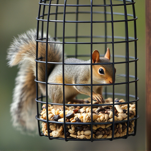 Caged feeder protecting seed from squirrel