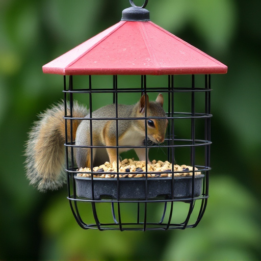 Caged feeder protecting seed from squirrel