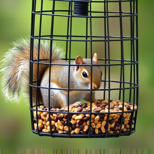 Caged feeder protecting seed from squirrel