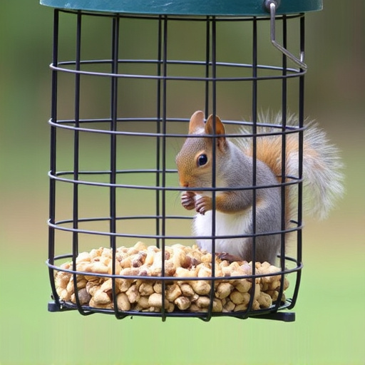 Caged feeder protecting seed from squirrel