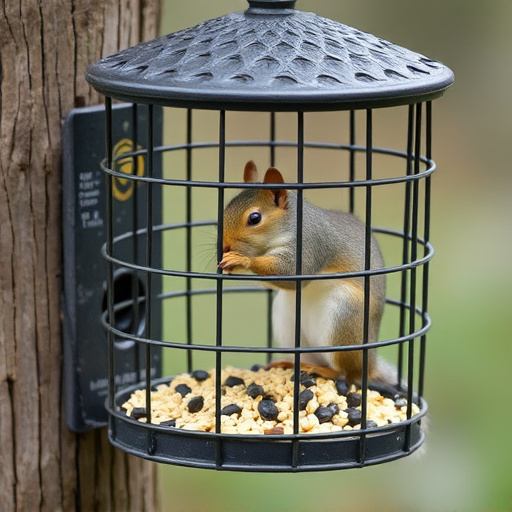 Caged feeder protecting seed from squirrel