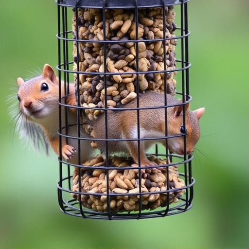 Caged feeder protecting seed from squirrel