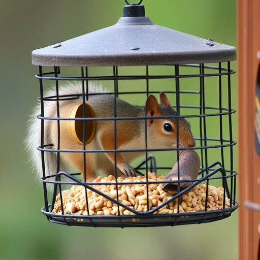 Caged feeder protecting seed from squirrel