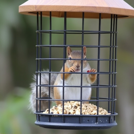 Caged feeder protecting seed from squirrel
