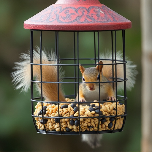 Caged feeder protecting seed from squirrel