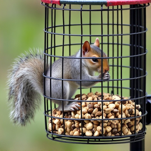 Caged feeder protecting seed from squirrel