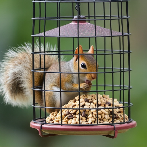 Caged feeder protecting seed from squirrel