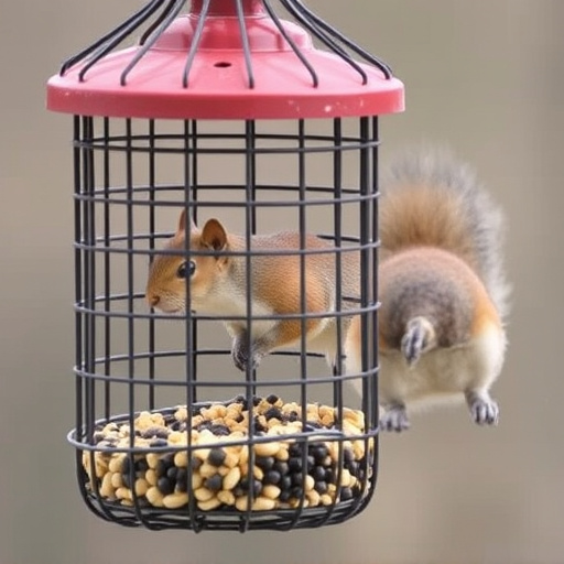 Caged feeder protecting seed from squirrel