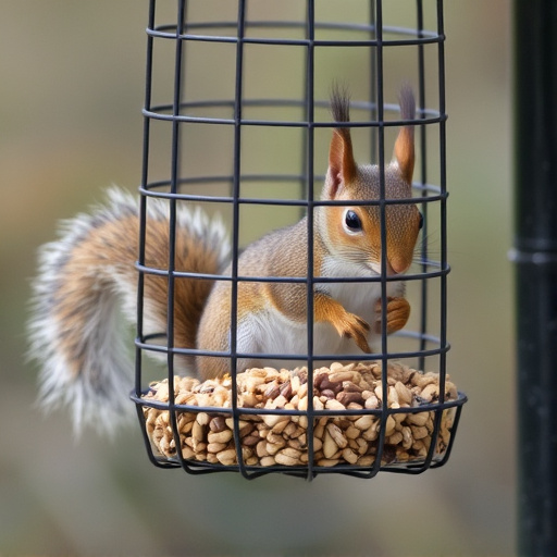 Caged feeder protecting seed from squirrel
