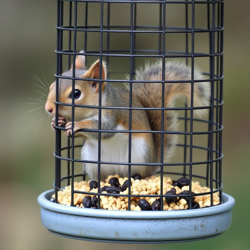 Caged feeder protecting seed from squirrel