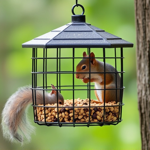 Caged feeder protecting seed from squirrel