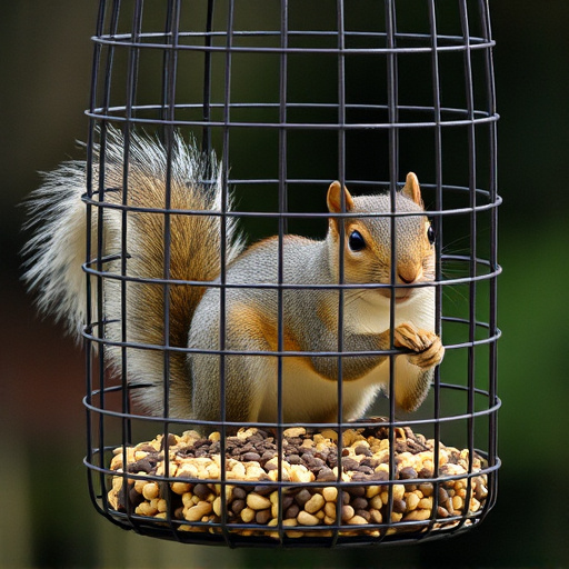 Caged feeder protecting seed from squirrel