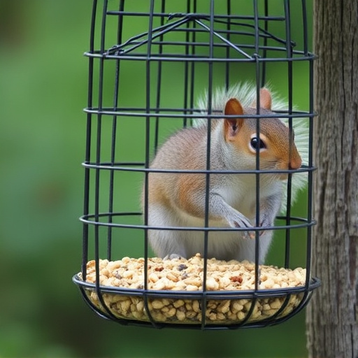 Caged feeder protecting seed from squirrel