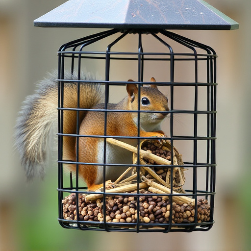 Caged feeder protecting seed from squirrel