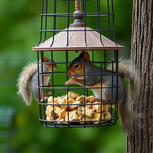 Caged feeder protecting seed from squirrel