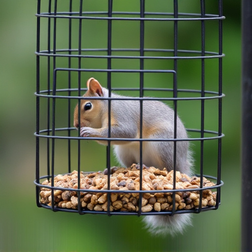Caged feeder protecting seed from squirrel
