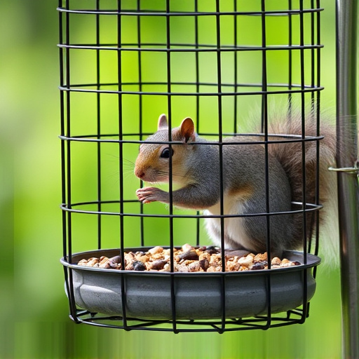 Caged feeder protecting seed from squirrel