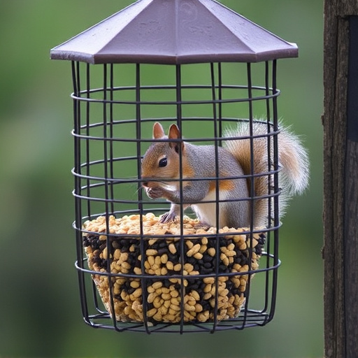 Caged feeder protecting seed from squirrel