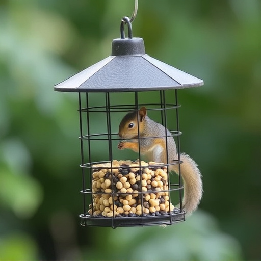 Caged feeder protecting seed from squirrel