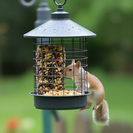 Caged feeder protecting seed from squirrel