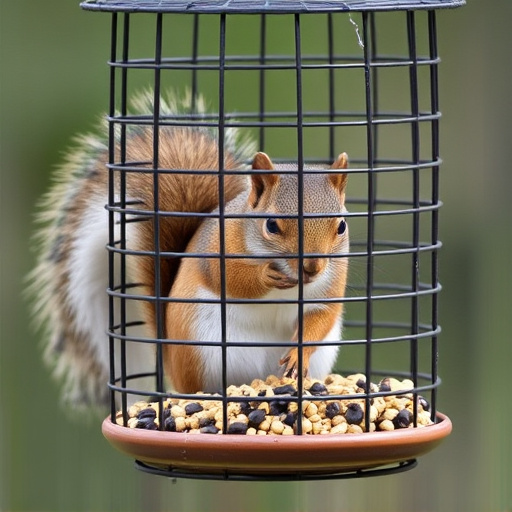 Caged feeder protecting seed from squirrel