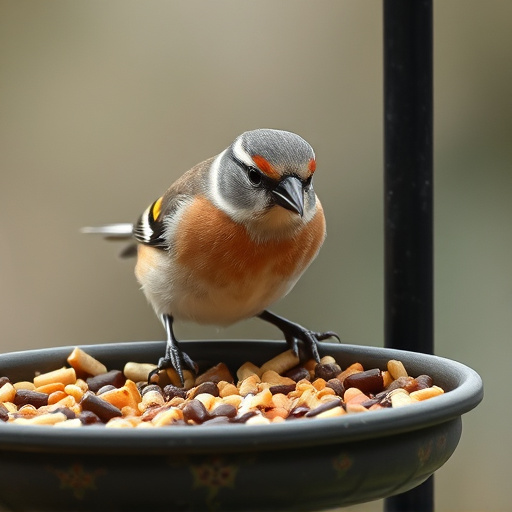 Chaffinch pecking at seed tray