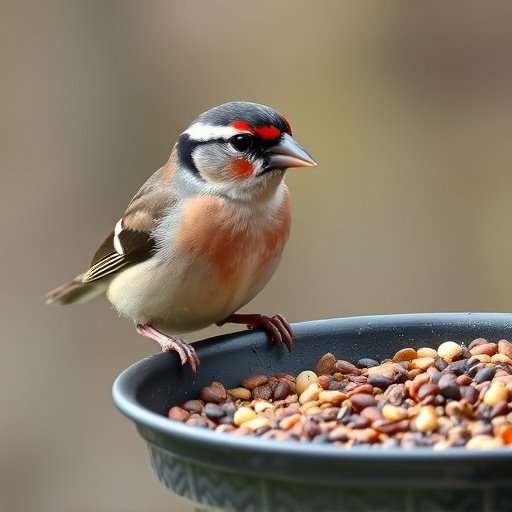 Chaffinch pecking at seed tray