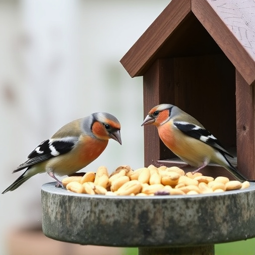 Chaffinches eating peanuts in garden
