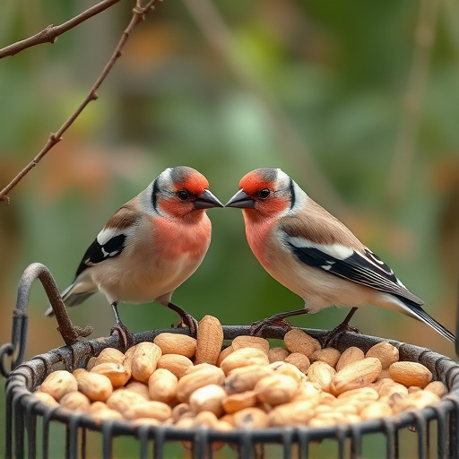 Chaffinches eating peanuts in garden