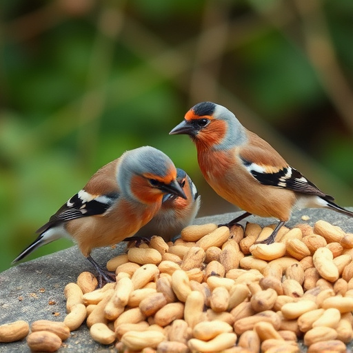 Chaffinches eating peanuts in garden