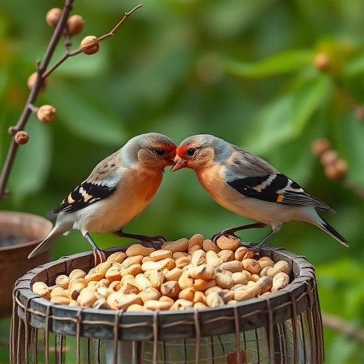 Chaffinches eating peanuts in garden