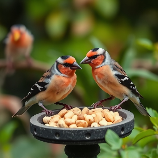 Chaffinches eating peanuts in garden