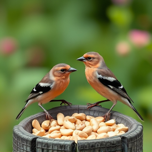 Chaffinches eating peanuts in garden