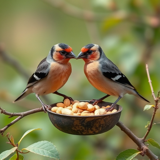 Chaffinches eating peanuts in garden