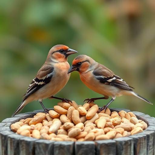 Chaffinches eating peanuts in garden