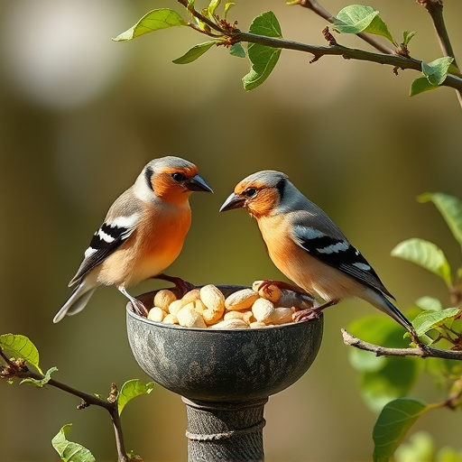 Chaffinches eating peanuts in garden