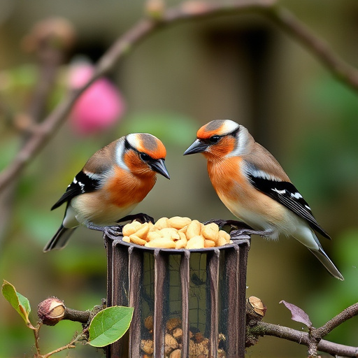 Chaffinches eating peanuts in garden