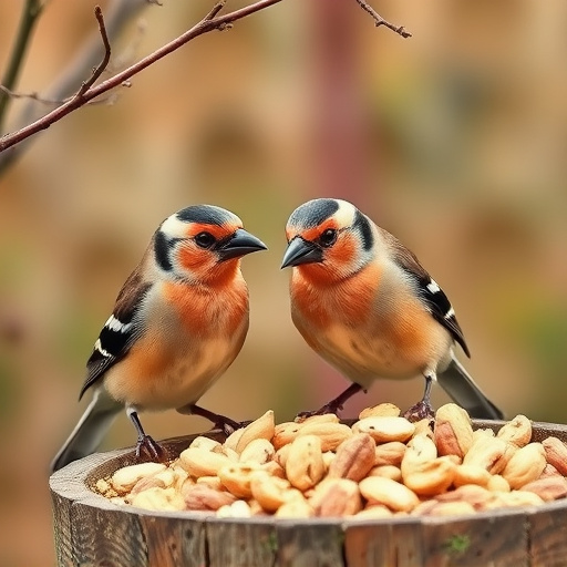 Chaffinches eating peanuts in garden