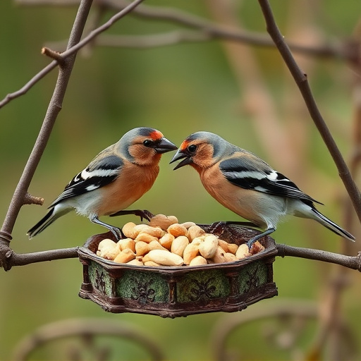 Chaffinches eating peanuts in garden