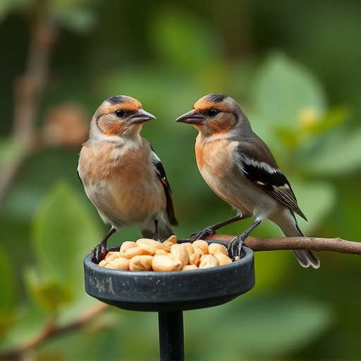 Chaffinches eating peanuts in garden
