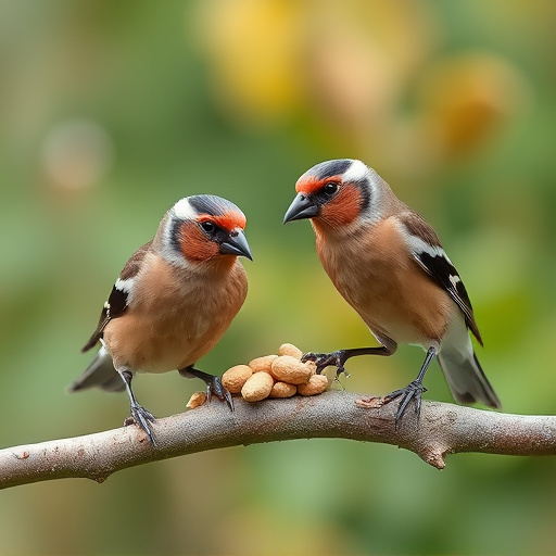 Chaffinches eating peanuts in garden