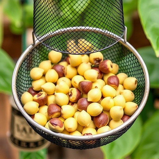 Clean sunflower hearts in metal mesh feeder