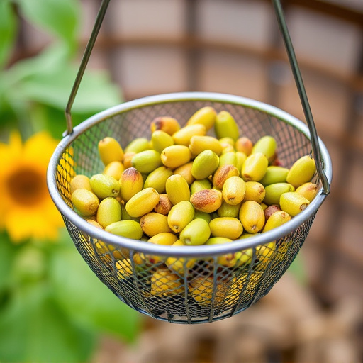 Clean sunflower hearts in metal mesh feeder