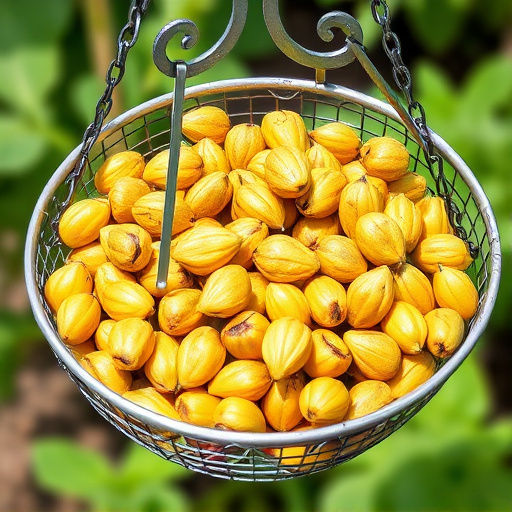 Clean sunflower hearts in metal mesh feeder