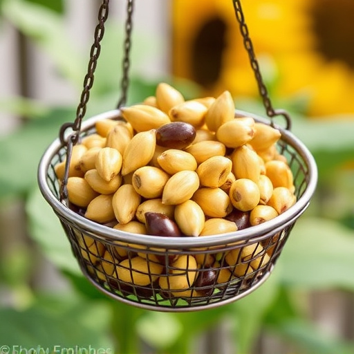 Clean sunflower hearts in metal mesh feeder