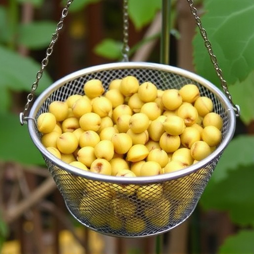 Clean sunflower hearts in metal mesh feeder