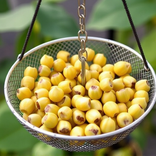 Clean sunflower hearts in metal mesh feeder