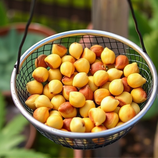Clean sunflower hearts in metal mesh feeder